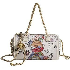 Graffiti White Vegan Leather  Crossbody bag, Trendy Mini Shoulder Bag  Purse